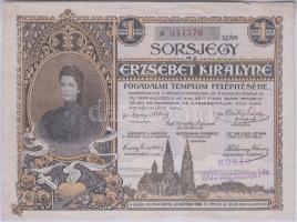 1908. "Sorsjegy az Erzsébet Királyné Fogadalmi Templom felépítésére" 1K értékben T:II- (hajtatlan)