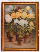 Stverteczky Elemérné (1890-?): Cserepes virágok. Vegyes technika, selyem-karton, sérült üvegezett keretben 83×63 cm