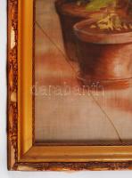 Stverteczky Elemérné (1890-?): Cserepes virágok. Vegyes technika, selyem-karton, sérült üvegezett ke...