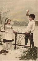 Young couple, snowball fight, Meissner & Buch 'Weihnachten im Schnee' litho