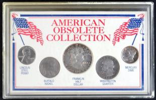 Amerikai Egyesült Államok 1927-1961. 1c-1/2$ Ag 5db-os szett plasztiktokban T:vegyes USA 1927-1961. 1 Cent, 5 Cents , Dime, Quarter, Half Dollar Ag set in plastic case C:Mixed