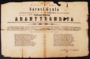 1848 Felhívás Sárosi Gyula Arany trombita című munkájának aradi felolvasására. A befolyt összeget a sebesült honvédek segélyezésére szánták, s átadták a Kossuth Lajos felesége által vezetett nőegylet számára. Erősen sérült. Nyomtatva Debrecenben. 41,5x26 cm