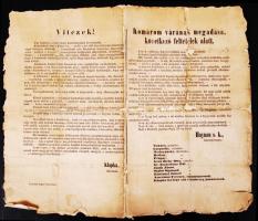 1849 Plakát Komárom várának feladásáról. A Haynau által támasztott feltételek és Klapka nyilatkozata az erősség átadásáról. Erősen sérült. 46x38 cm