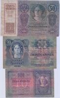 1904. 10K + 1913. 20K + 1914. 50K mindhárom 10/20/50 Para K.u.k. Montenegrói bélyeggel és pecsételés...