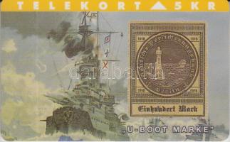 1995 5KR használatlan telefonkártya, a német tengeralattjáróposta bélyeget ábrázolja. Példányszám: 2000