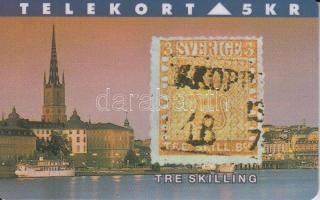 1995 Dánia 3 SKILLING svéd bélyegritkaságot ábrázoló használatlan telefonkártya
