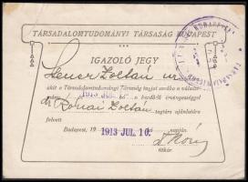 1913 A Társadalomtudományi Társaság igazoló jegye