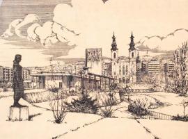 Rozanits Tibor (1931-): Budai tónál. Rézkarc, papír, jelzett, üvegezett keretben 29x38 cm