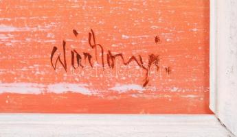 Wárkonyi Gyula (1947): Fák a vízben. Olaj, akril, farost, jelzett, keretben, 38x23 cm