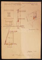 1937 Győr Kazinczy u. 3. épület kirakatépítésének kézzel rajzolt tervrajza illetékbélyegekkel