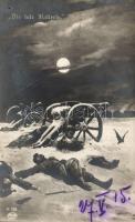 Military WWI after battle, cannon, dead soldiers, artist signed (fl)