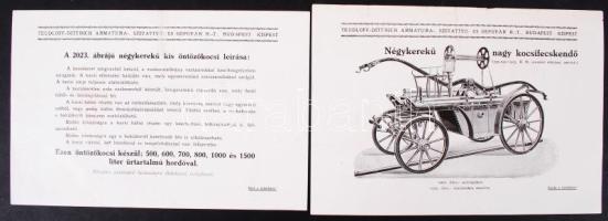 cca 1920 Teudloff-Dittrich Budapesti armatura-, szivattyú-, és gépgyár Rt. négykerekű nagy kocsifecskendőt, valamint négykerekű kis öntözőkocsit hirdető reklám szórólapja, kétoldalas, ábrát és leírást tartalmaz, 2 db, 17x24cm