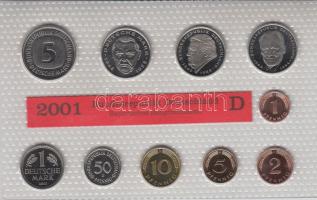 Németország 2001D 1Pf-5M 10klf db, benne 3klf 2M, forgalmi szett laminált tokban T:PP Germany 2001D 1 Pfennig - 5 Mark, 10 different with 3 different 2 Mark, coin set of the Bundesrepublic Deutschland in laminated packing C:PP