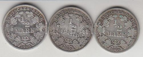 Német Birodalom 1905A/E/F 1/2M Ag 3db klf T:2,2- German Empire 1905A/E/F 1/2 Mark Ag 3 different C:XF,VF