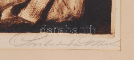 Prihoda István (1891-1956): Festő és modellje. Rézkarc, papír, jelzett, üvegezett sérült antik keret...