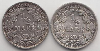 Német Birodalom 1917A/F 1/2M Ag 2klf T:2 German Empire 1917A/F 1/2 Mark Ag 2 different C:XF