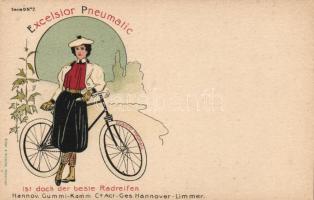 Excelsior-Pneumatic, Hannoversche Gummi-Kamm Comp., cyclist lady, Serie D No. 2. litho