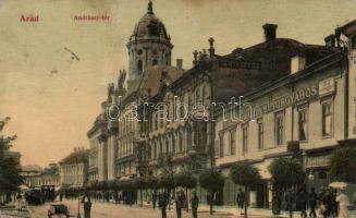 Arad, Andrássy tér, Fényképész, Steigerwald A. bútorgyáros üzlete, Morgenstern Gyula fogászata, Hegedűs üzlete / square, furniture manufacturer, shops, dentistry (EB)