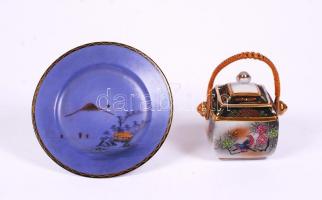 3 db-os porcelán tétel, teatartó, kiöntő, kis tányér, hibátlanok, kézzel festettek, kettő jelzés nél...