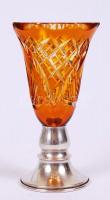 Ezüst (Ag.) talapzatú üveg kehely, jelzett, csiszolt, többrétegű, hámozott, apró csorbával, m:15 cm,...