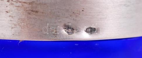 Ezüst (Ag.) peremű kobaltkék ólomkristály váza, többrétegű, csiszolt metszett, hibátlan, m:17 cm