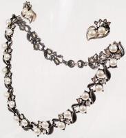 Divatékszer díszes fém collier 45 cm + fülbevaló szett műgyöngy és csiszolt üveg díszítéssel eredeti...