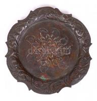 Antik arab mokkás hiányos készlet tálcával, réz, gazdagon díszített, üveg betét nélkül, több helyen ...