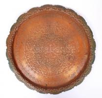 Antik arab mokkás hiányos készlet tálcával, réz, gazdagon díszített, üveg betét nélkül, több helyen ...