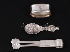 Alpakka szalvétagyűrű, cukorfogó, ón díszkanál / alpacca