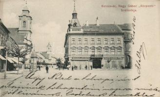 Kolozsvár, Nagy Gábor Központi Szállodája, Medgyesy & Nyergutz, illetve Biasini Sándor kereskedései / hotel, shops