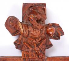 Cca 1800 ereklyetartó kereszt, faragott fa, elcsúsztatható hátlapon szimbólumokkal, belsejében felir...