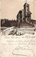 Komari Hurka, Mückenberg; Franz Schreiner's Mückentürmchen / hotel litho (Rb)