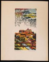 Csanády András (1929-): Budai vár. Színezett fametszet, papír, jelzett, 17×9 cm