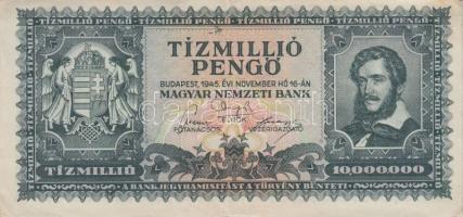 1945-1946. 10db különféle pengő bankjegy T:II-,III