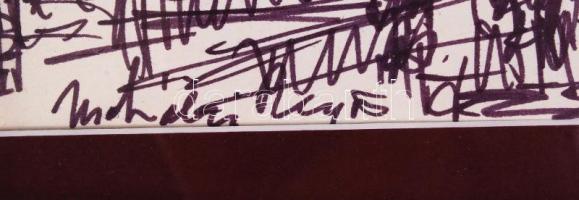 Mohácsi Regős Ferenc (1913-2000): Város részlet. Filc, papír, jelzett, üvegezett keretben, 16×23 cm