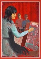 Jelzés nélkül: Festő lány. Olaj, karton, 16×11 cm