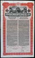 Budapest 1926. "Magyar Egyesített Városi Kölcsön" 1000$ dollár névértékű 7%-kal kamatozó 20 évre szóló törlesztéses aranykötvény angol és magyar nyelven szelvényekkel, bélyegzett T:III
