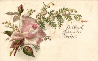 Flower, rose, litho, decorated greeting card, (small tear)