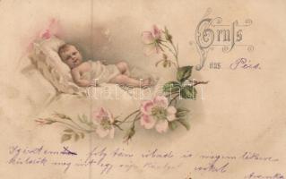 1899 Kisbaba, litho 1899 Baby, floral, litho