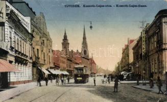 Újvidék, Kossuth Lajos utca / street, church, tram, shops (EK)