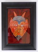 Ördögfej, festett réz tálka fali keretben / Devil's head painted copper plate in frame 20x26 cm