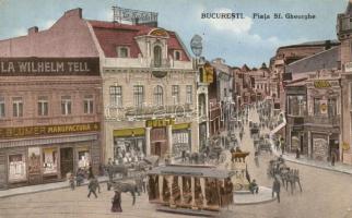 Bucharest Piata Sf. Gheorghe / square, the shop of F. Blumer, horse tramway (EK)