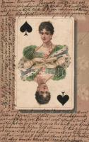 Playing card, lady, floral, litho (EK)