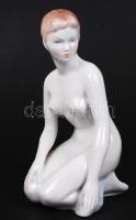 Aquincum fürdőző akt, kézzel festett, jelzett, hibátlan, m:22 cm /  Girl having a bath, hand painted porcelain nude