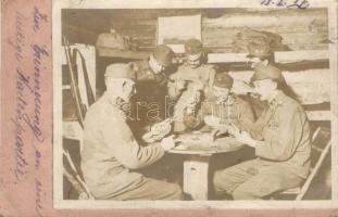 K.u.K. military, soldiers playing card, photo glued to postcard (EK)