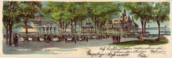 Budapest XIII. Margitsziget, Schäfer J. alsó vendéglője és kávéháza, litho, panoramacard (EK)