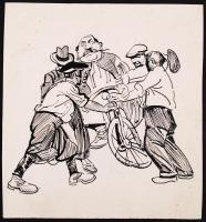 Mühlbeck Károly (1869-1943): Illusztrációk 4db Gárdonyi Géza: Göre Gábor bíró úr sorozatából, tus, p...