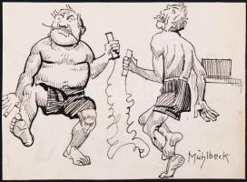 Mühlbeck Károly (1869-1943): Illusztrációk 4db Gárdonyi Géza: Göre Gábor bíró úr sorozatából, tus, p...