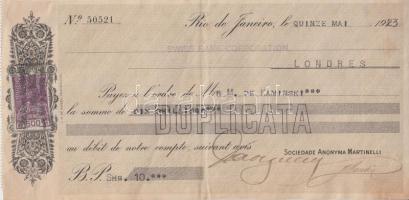Brazília 1923. fizetési csekk Rio De Janeiro T:II Brazil 1923. cheque Rio De Janeiro C:XF