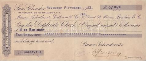 El Salvador 1923. fizetési csekk San Salvador T:II- El Salvador 1923. cheque San Salvador C:VF